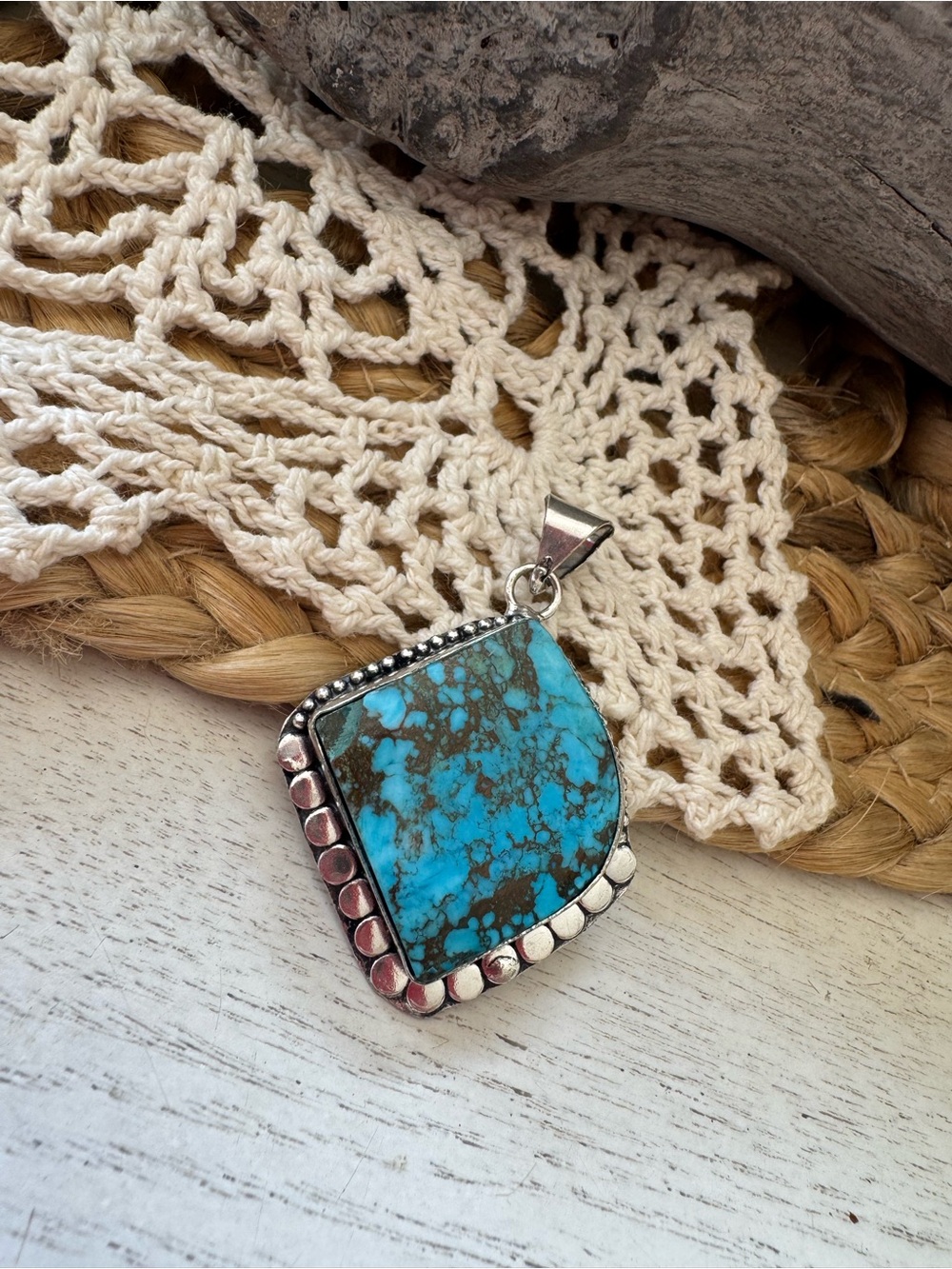 GENUINE LARGE TURQUOISE PENDANT WITH 925 overlay